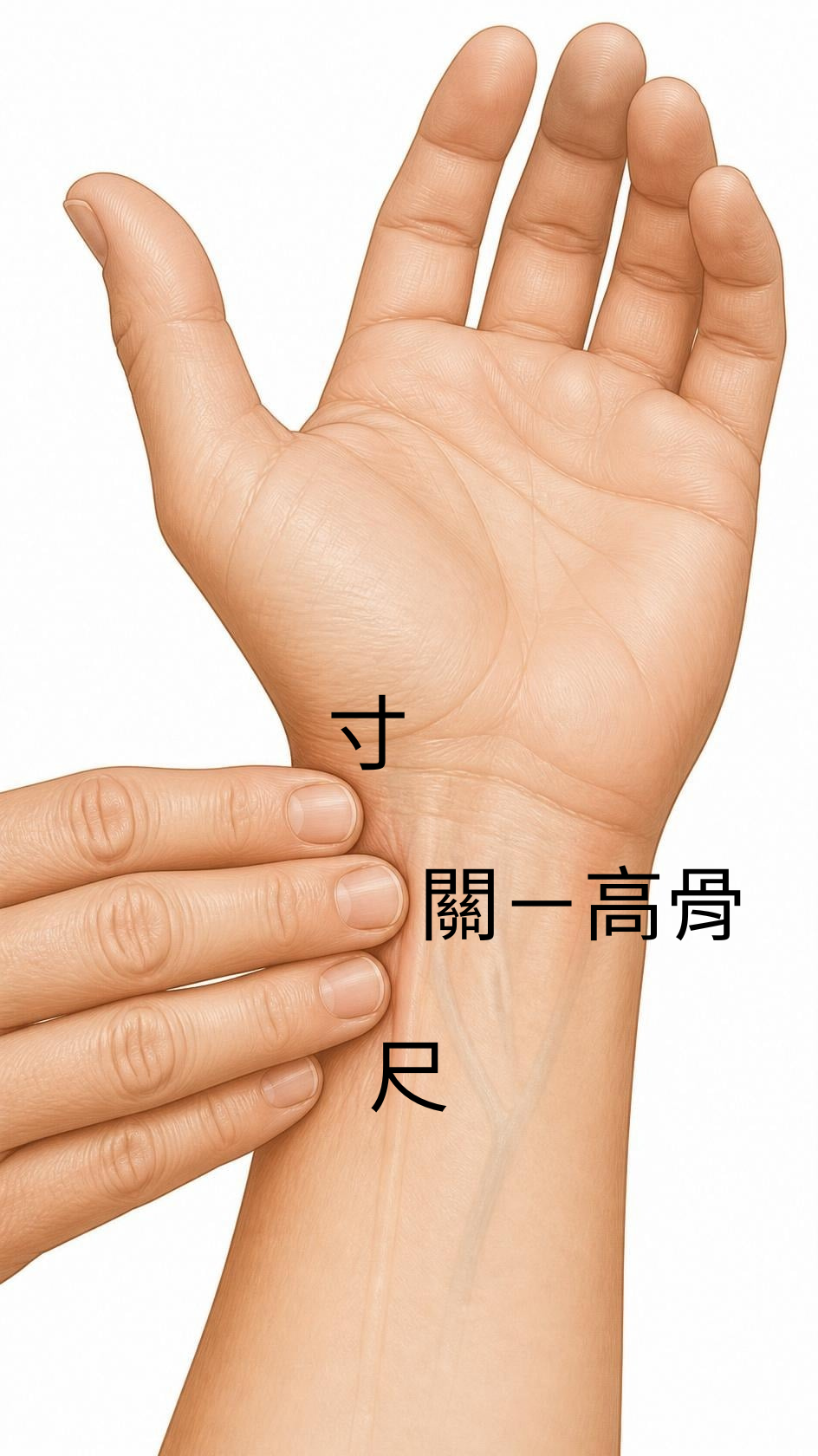 中醫把脈寸關尺定位示意圖，寸脈與心的對應，中醫X光經方教育脈診教學